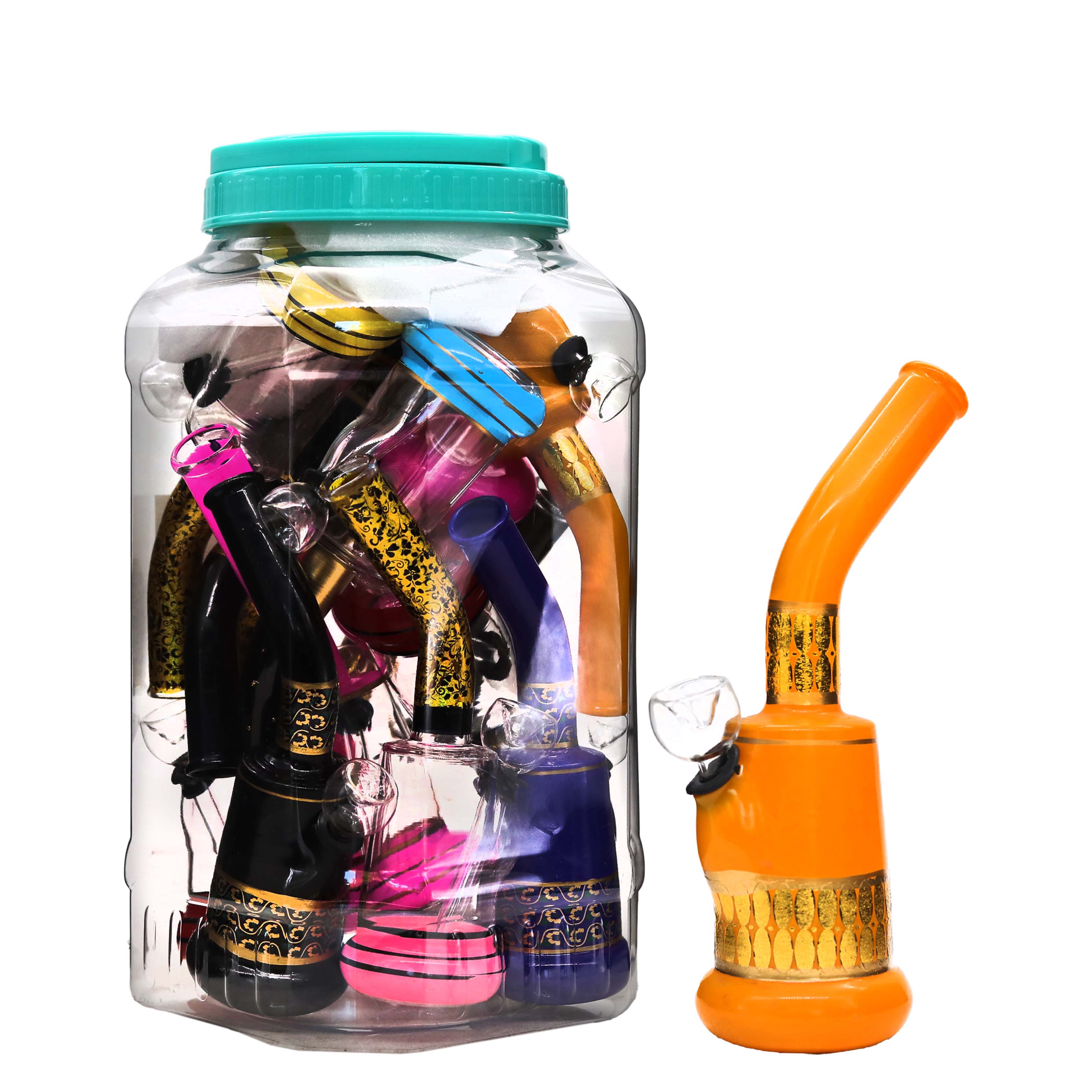 Gold Printed Design Bent Neck Waterpipe (WP-130) | 7 inch | 12 Count Display product image